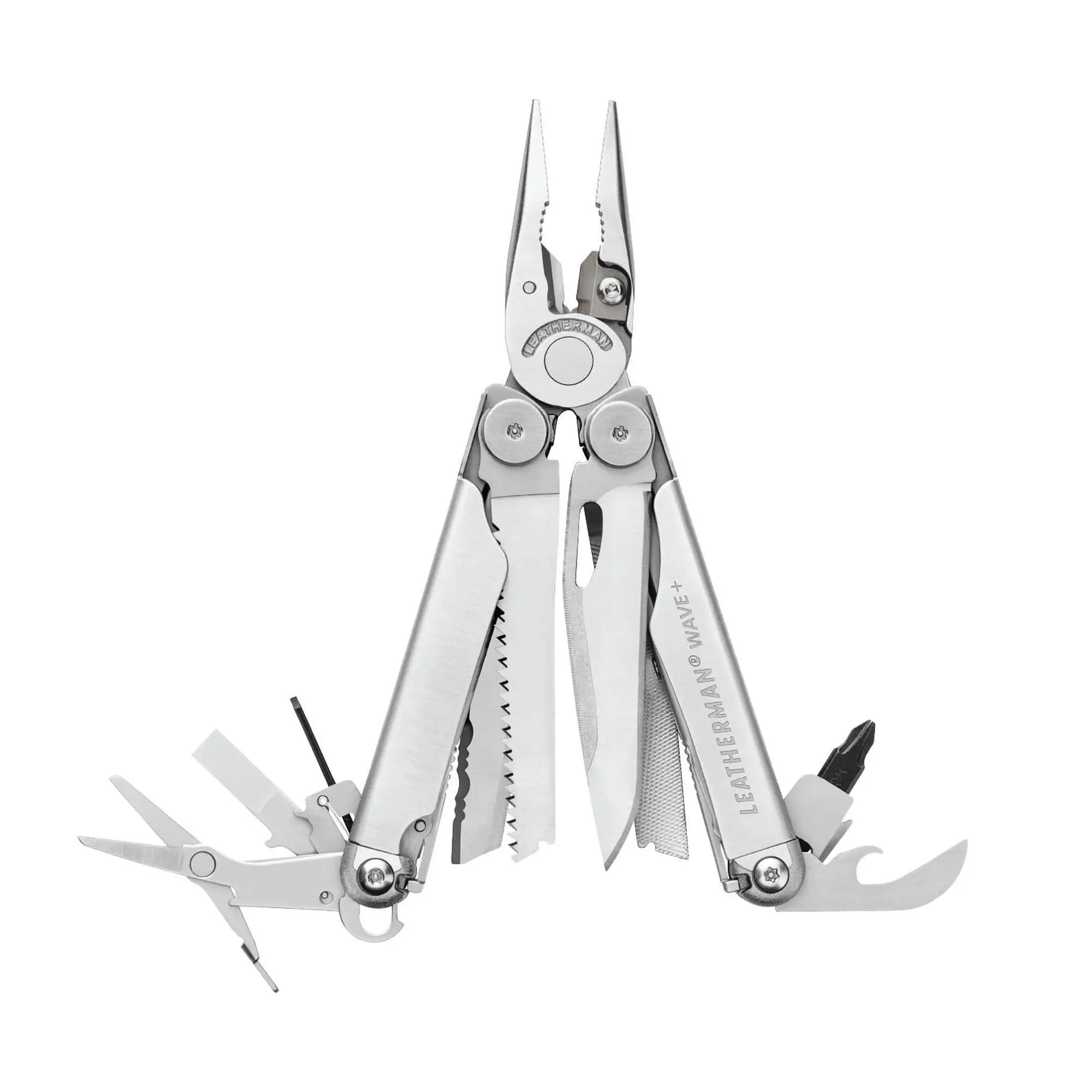 Leatherman Wave Plus paslanmaz çelik multitool; pense ve 18 araç açık konumda